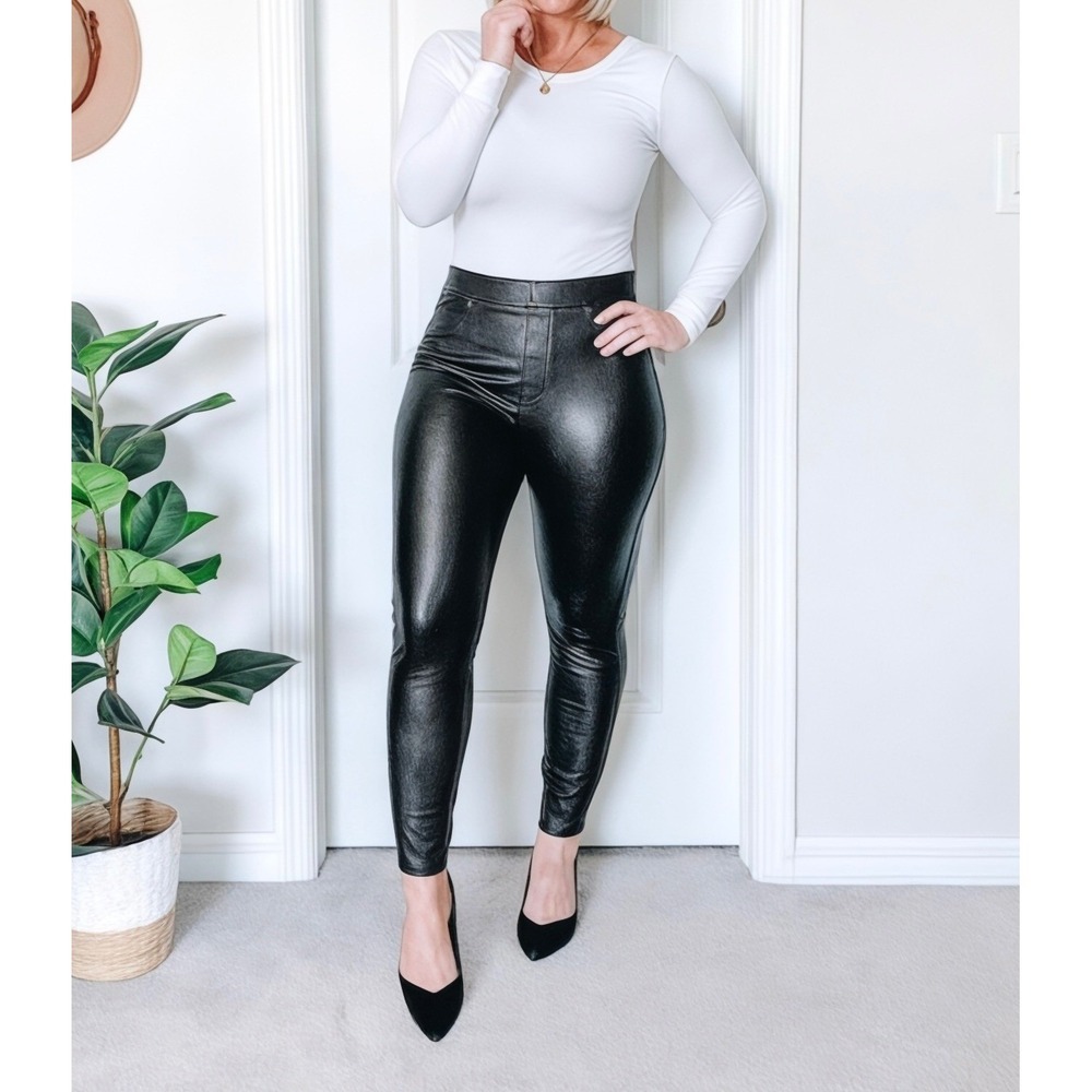 Spanx Vegan Leather High Rise Skinny Ankle Pants Womens L Black Stretchy Pullon